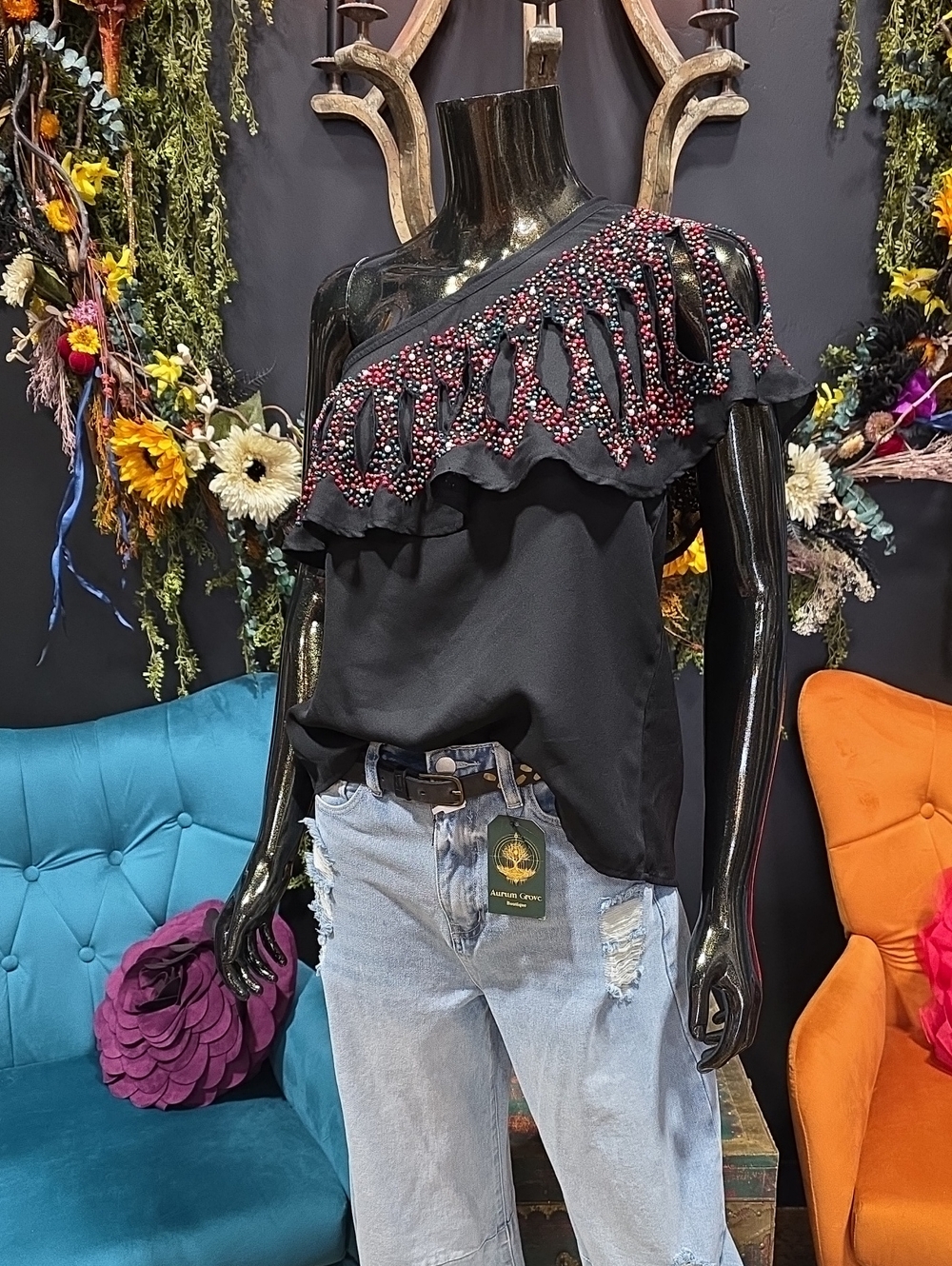 Beaded One-Shoulder Black Ruffle Blouse